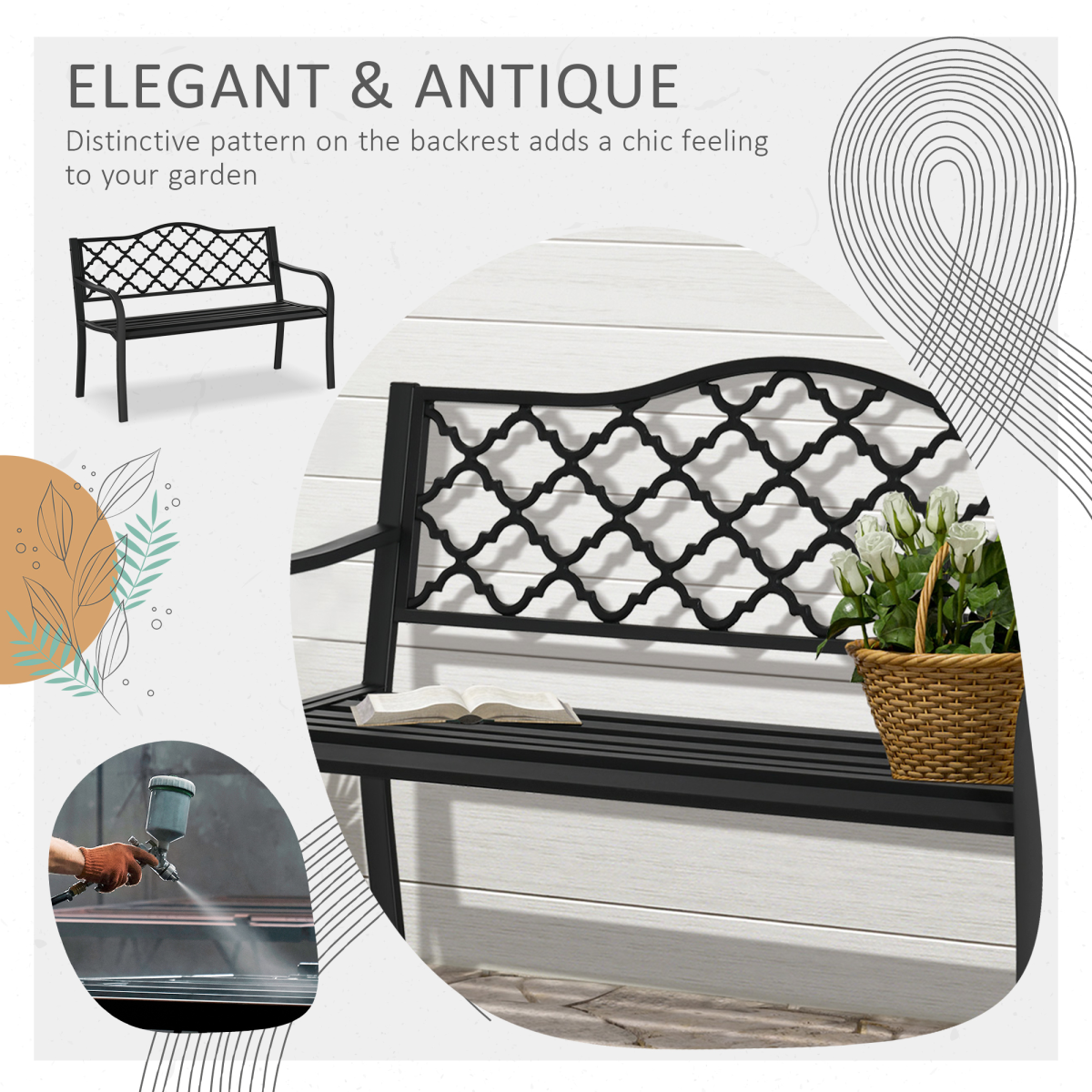 Outsunny 2-Seater Vintage Garden Bench with Steel & Cast Iron Frame, Slatted Seat – Matte Black