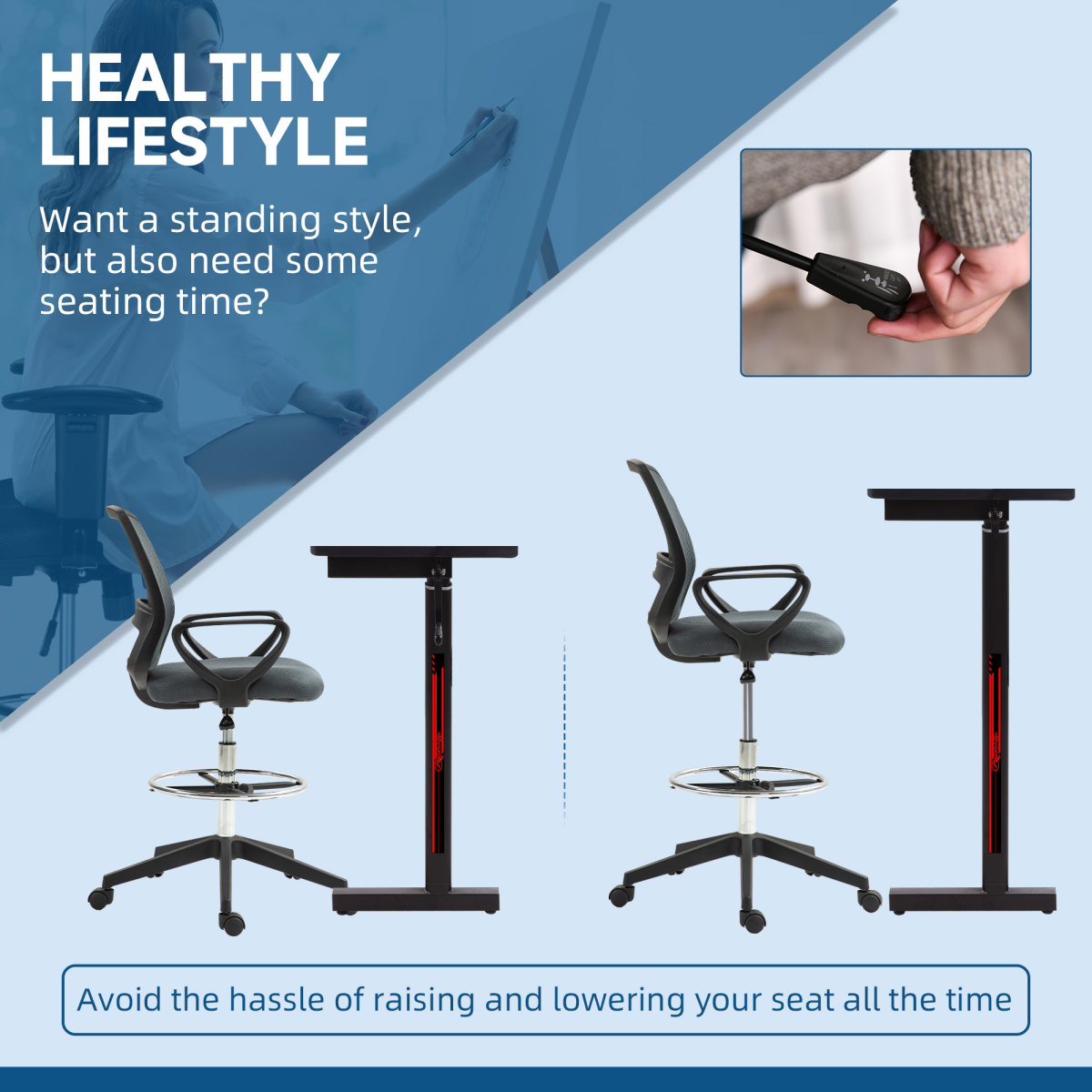 Vinsetto Draughtsman Chair Tall Office Chair with Adjustable Height and Footrest – Mesh Back, Grey