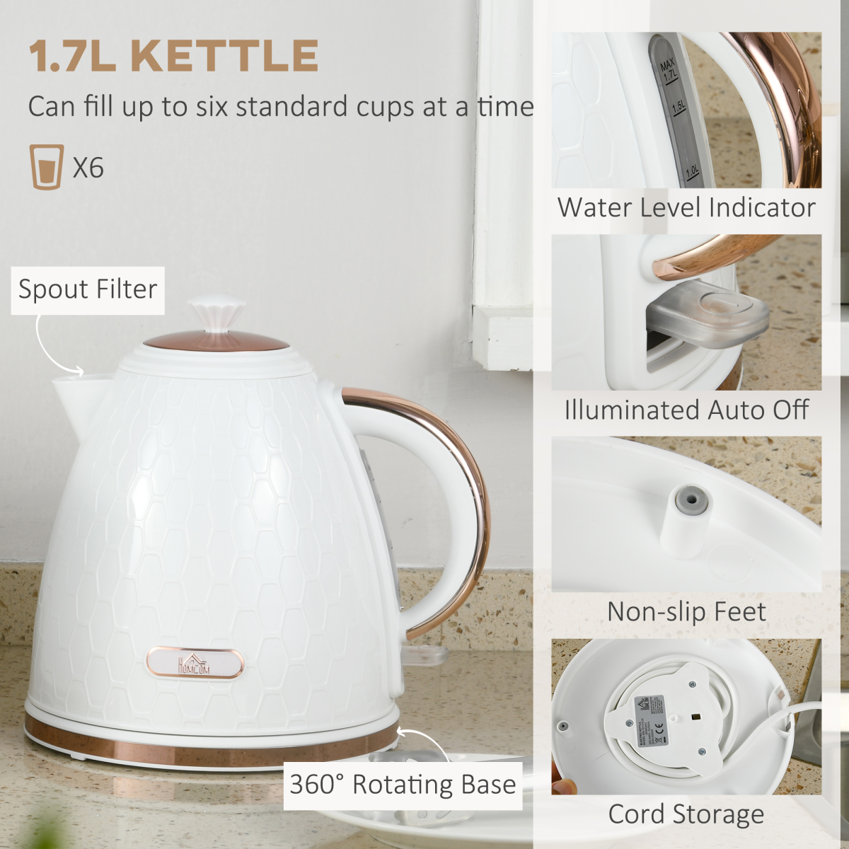 HOMCOM 1.7L Fast Boil Kettle & 2-Slice Toaster Set with 7 Browning Settings – Honeycomb Texture, White