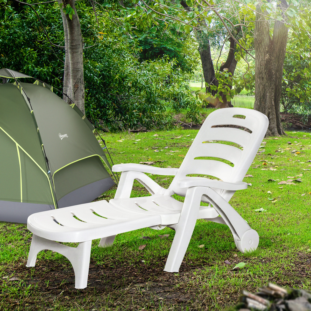 Outsunny Folding Patio Lounge Chairs Set of 2 with 5-Position Backrest & Wheels – PP Sun Loungers, White