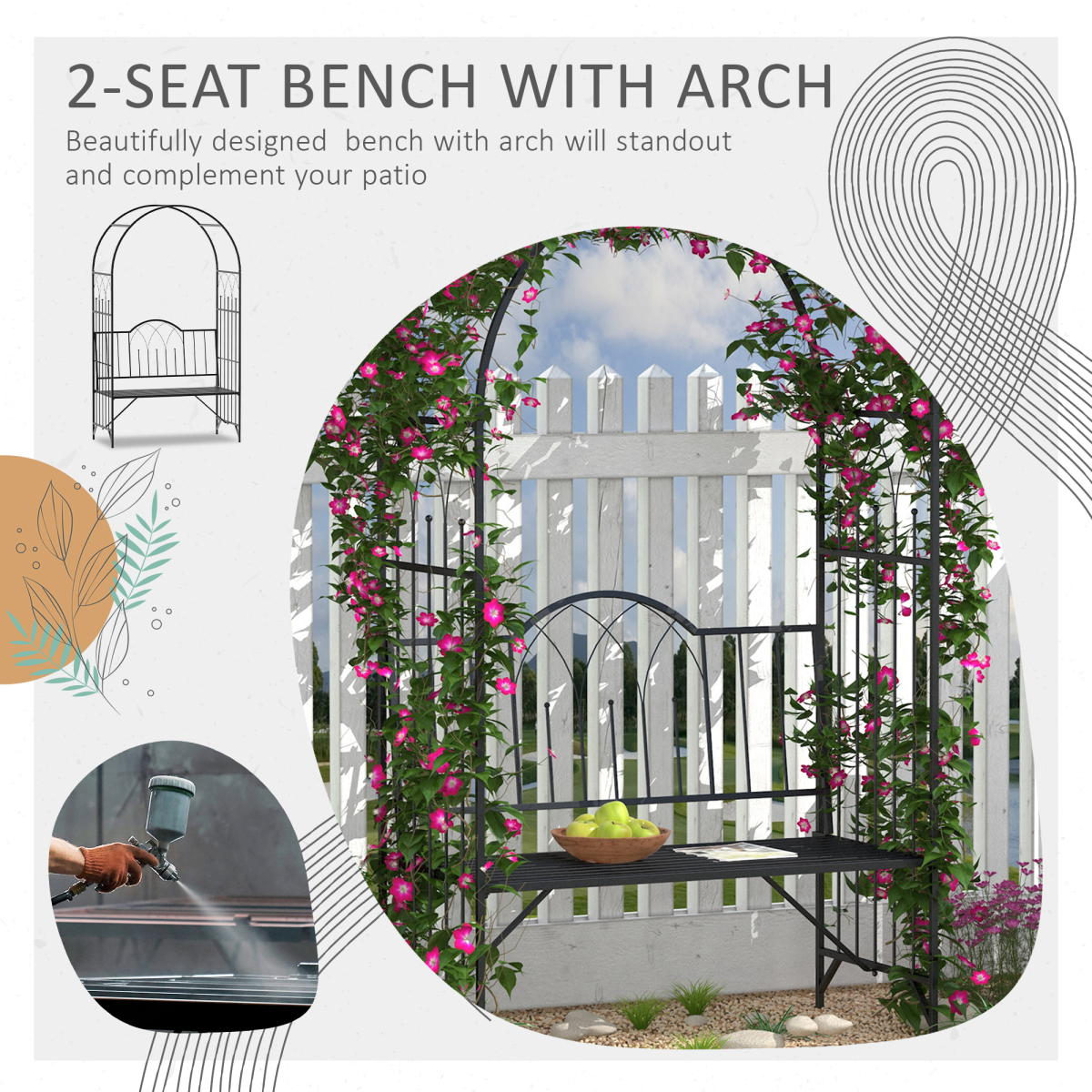 Outsunny Metal Garden Arbour Bench with High Arch for Climbing Plants – Outdoor Trellis Seat, Antique Black