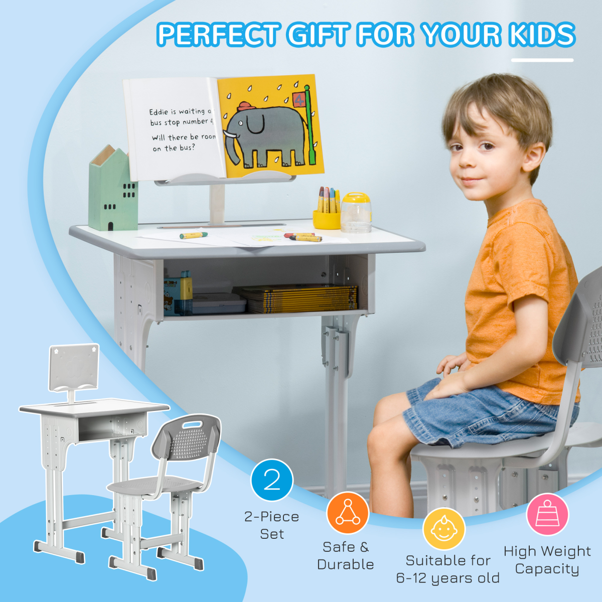 Kids Desk and Chair Set with Adjustable Height, Drawer and Book Stand – Study Table for Ages 6–12, Grey