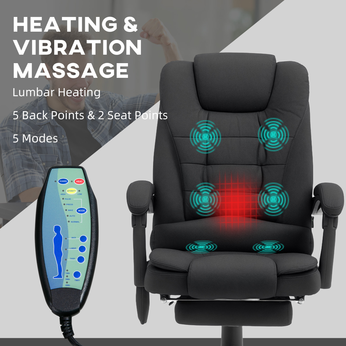 Vinsetto Heated Massage Office Chair with 6-Point Vibration, 135° Recline & Footrest – Black Linen-Feel