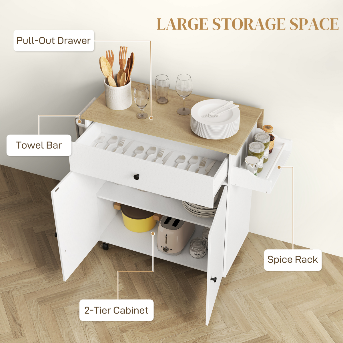 HOMCOM Kitchen Island with Drop Leaf, Drawer & Cabinet – Rolling Storage Trolley with Spice Rack, White