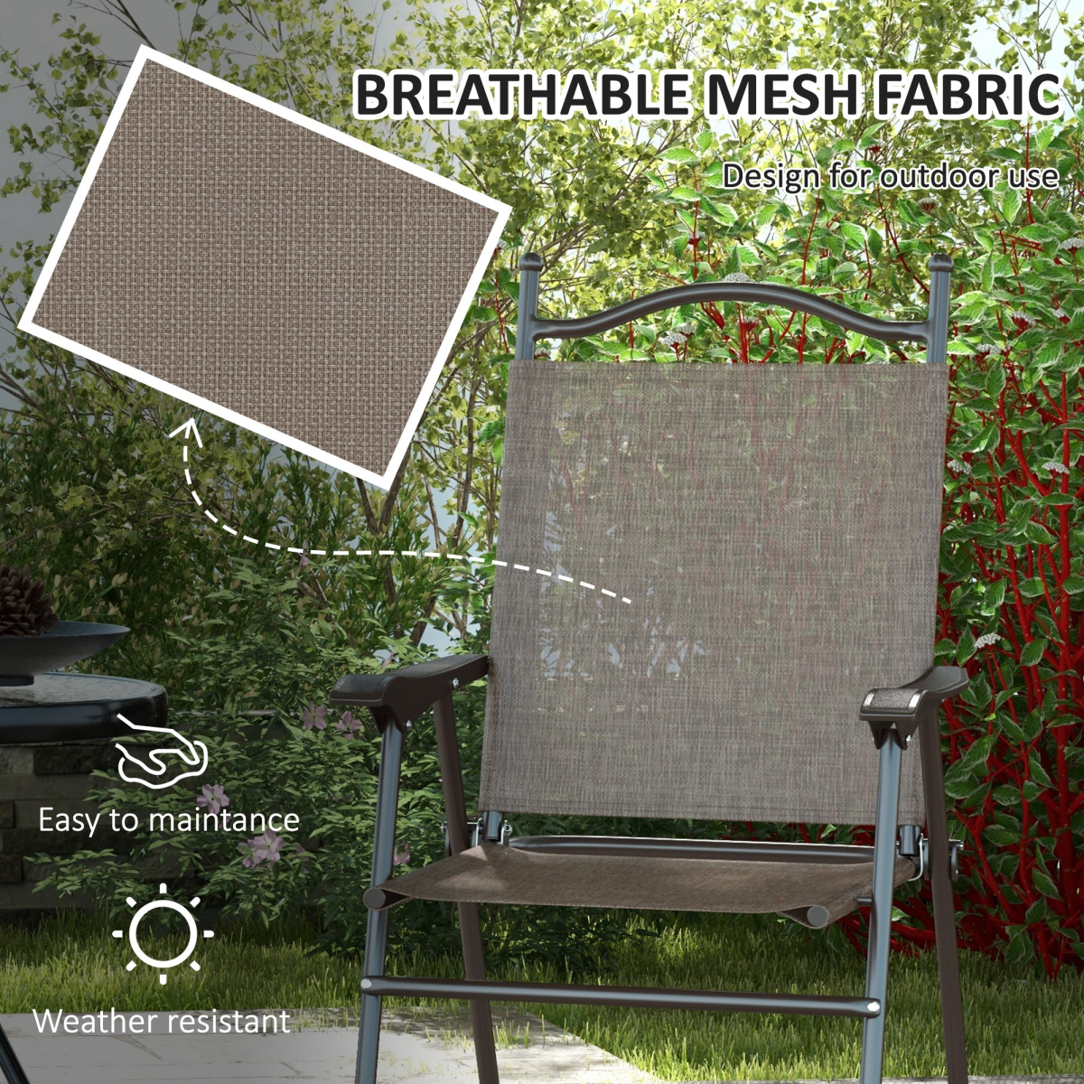 Outsunny Set of 2 Folding Garden Chairs with Breathable Mesh Seats & Powder-Coated Steel Frames, Mixed Brown
