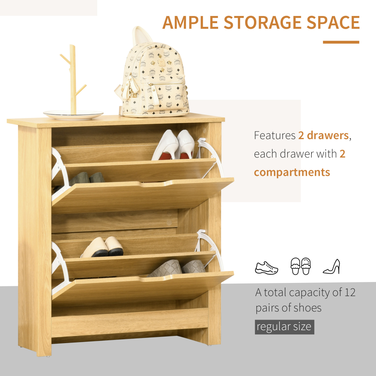 12-Pair Shoe Storage Cabinet with 2 Pull-Out Drawers & Tabletop, Oak Effect, 80 x 72 x 26cm