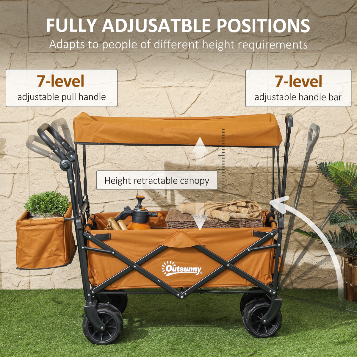 Outsunny Folding Utility Cart with Canopy, 68kg Capacity, Steel Frame & EVA Wheels – Garden Trolley, Orange
