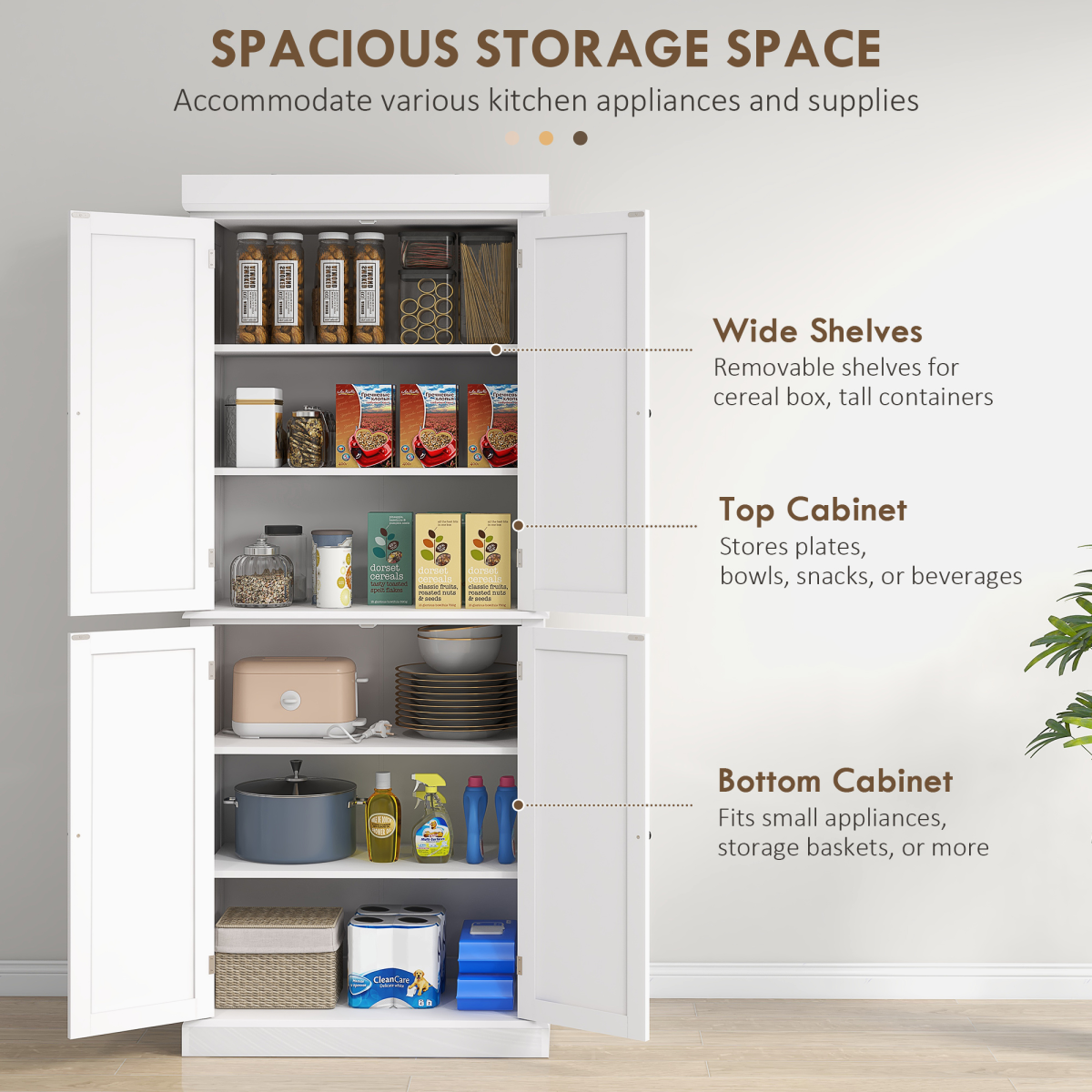 HOMCOM Freestanding Kitchen Cupboard with Six Inner Shelves, Four Adjustable – Larder Storage Cabinet, White
