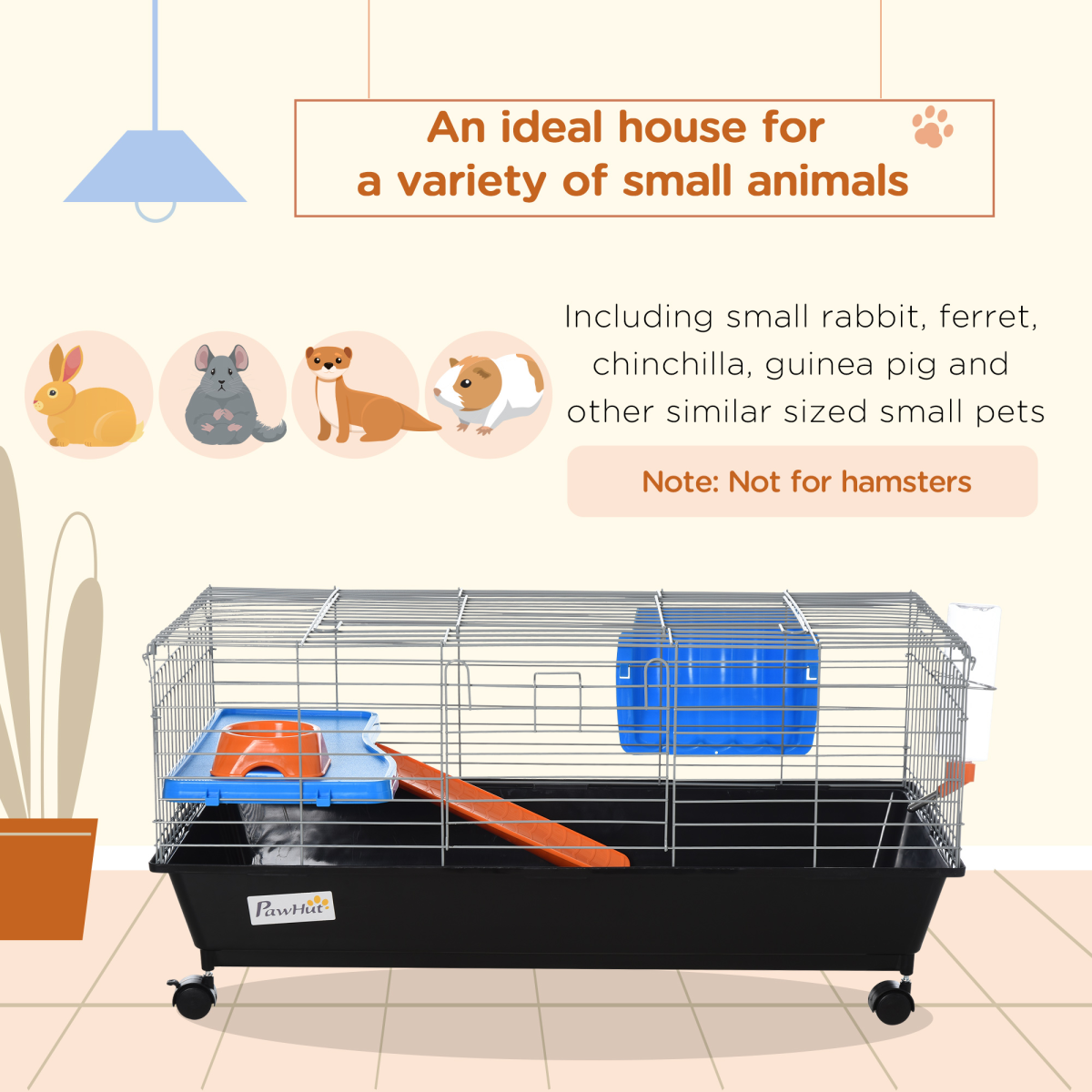 Pawhut 89cm Small Animal Cage with Lockable Wheels, Platform & Ramp – Rabbit, Ferret & Chinchilla Home, Black