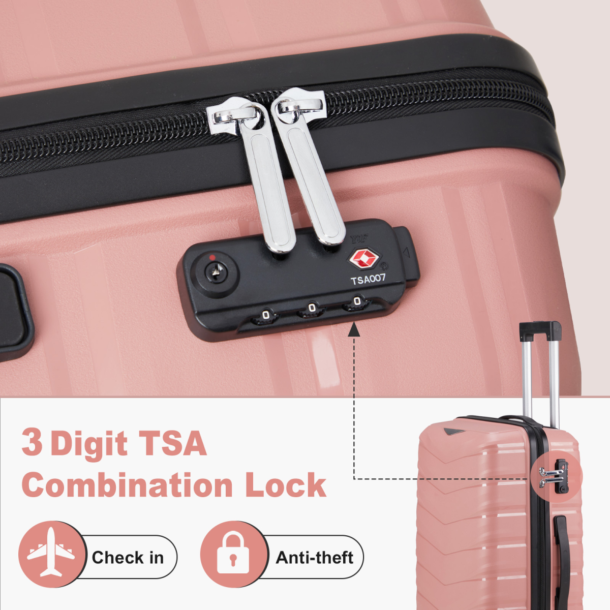 2-Piece Luggage Set with 20" Trolley Case and 14" Hand Case, V-Stripe PP Shell, Rose Gold