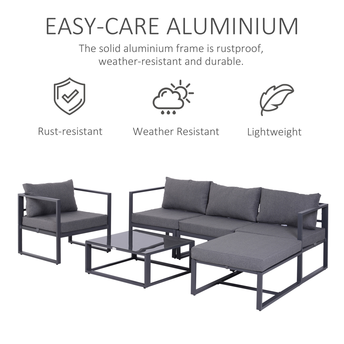 Outsunny 6-Piece Aluminium Garden Sectional Sofa Set with Cushions, Glass Coffee Table & Footstool – Patio Furniture