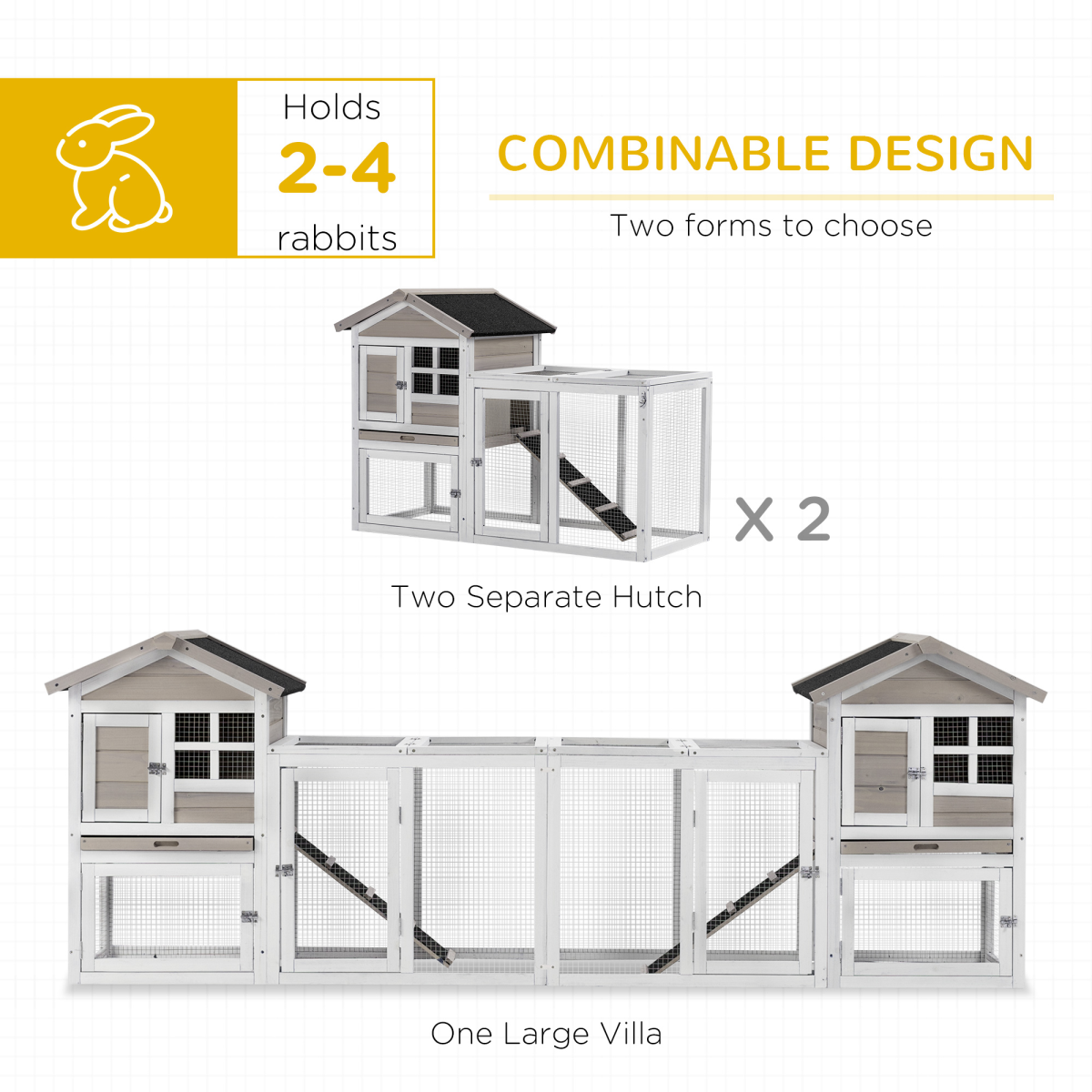 PawHut 2-in-1 Wooden Rabbit Hutch with Double House, Run Box, Slide-Out Tray & Ramp – Outdoor Home