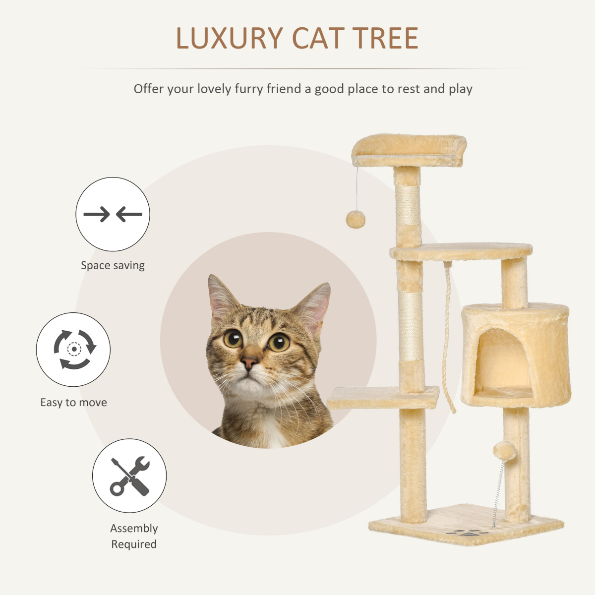 Pawhut 114cm Four-Tier Cat Tree with Sisal Posts, Condo and Dangling Toys – Indoor Activity Centre, Beige