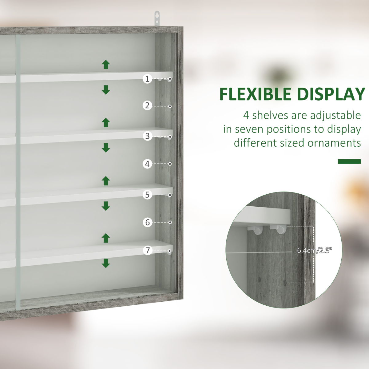 HOMCOM 5-Tier Wall Display Cabinet with Glass Doors & Adjustable Shelves – Space-Saving Wall Storage, Grey