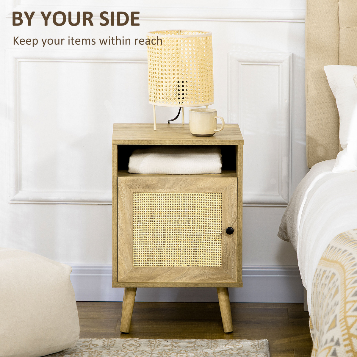 HOMCOM Rattan Nightstand with Cabinet and Shelf – Bedside, Side or Telephone Table, Natural