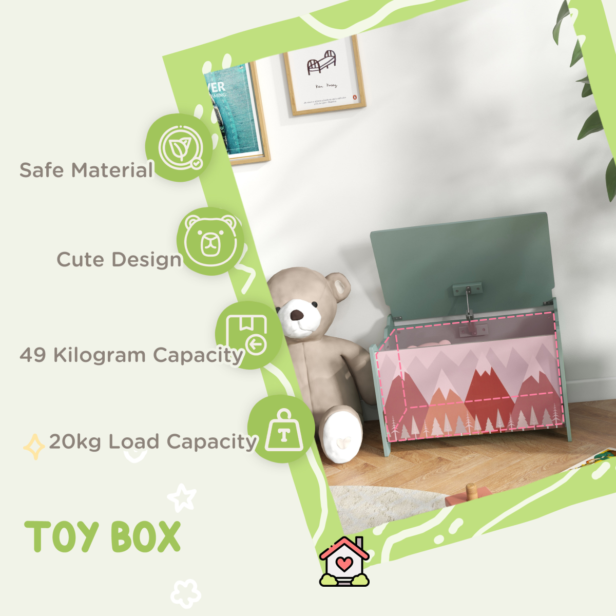 ZONEKIZ Toy Box, Kids Toy Chest with Lid and Safety Hinge – Rounded Corners Storage for Bedrooms & Playrooms, Green