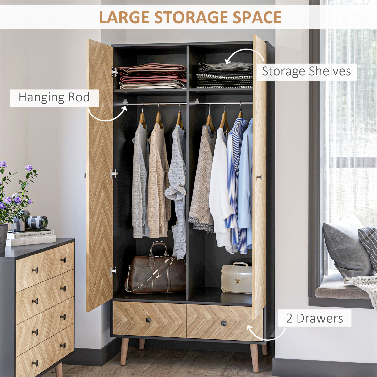 HOMCOM Wood Grain Wardrobe Cabinet with Hanging & Shelf Storage – Grey & Oak, 90 x 50 x 190cm