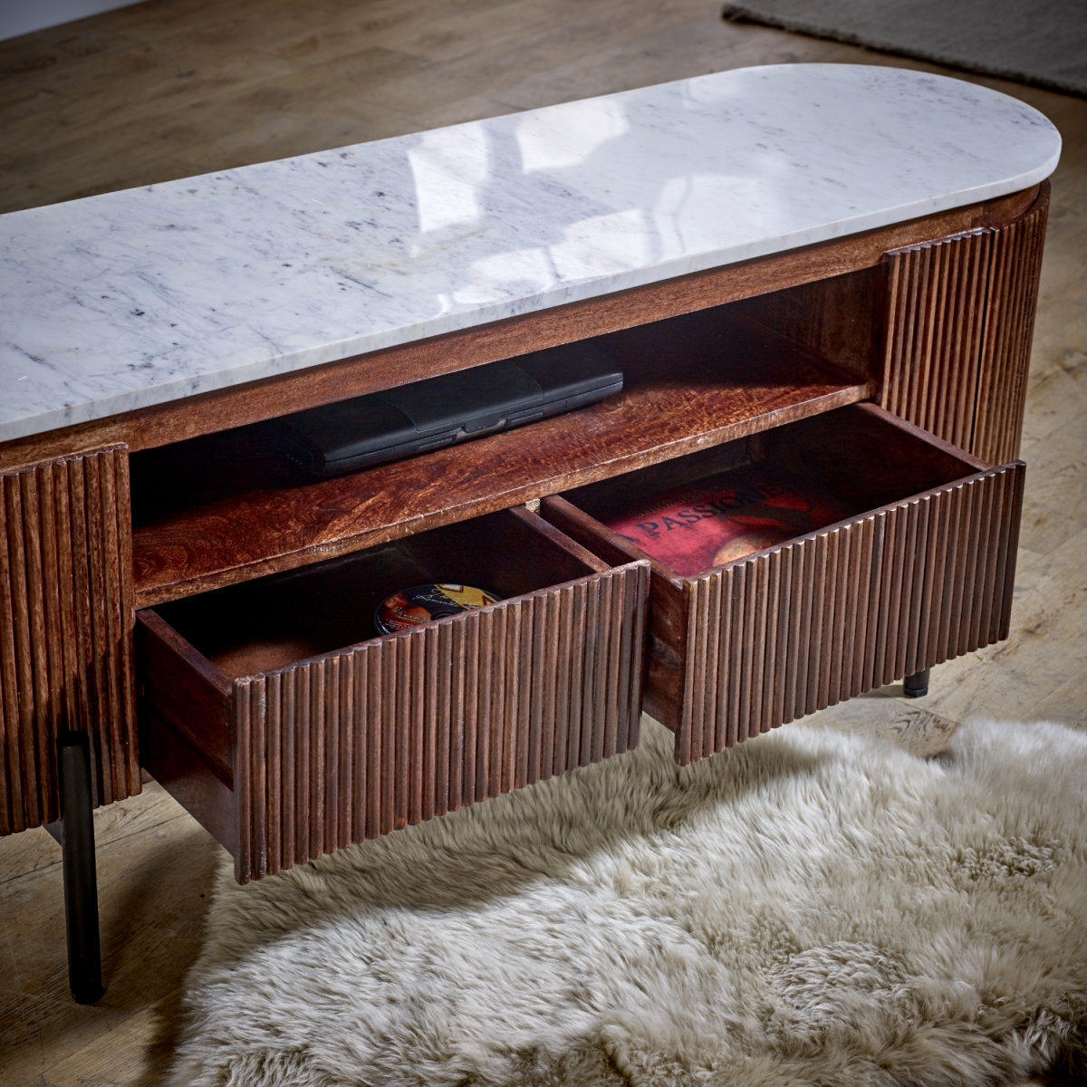 Opal Mango Wood TV Cabinet with Real Marble Top & Metal Legs – Handmade Media Unit