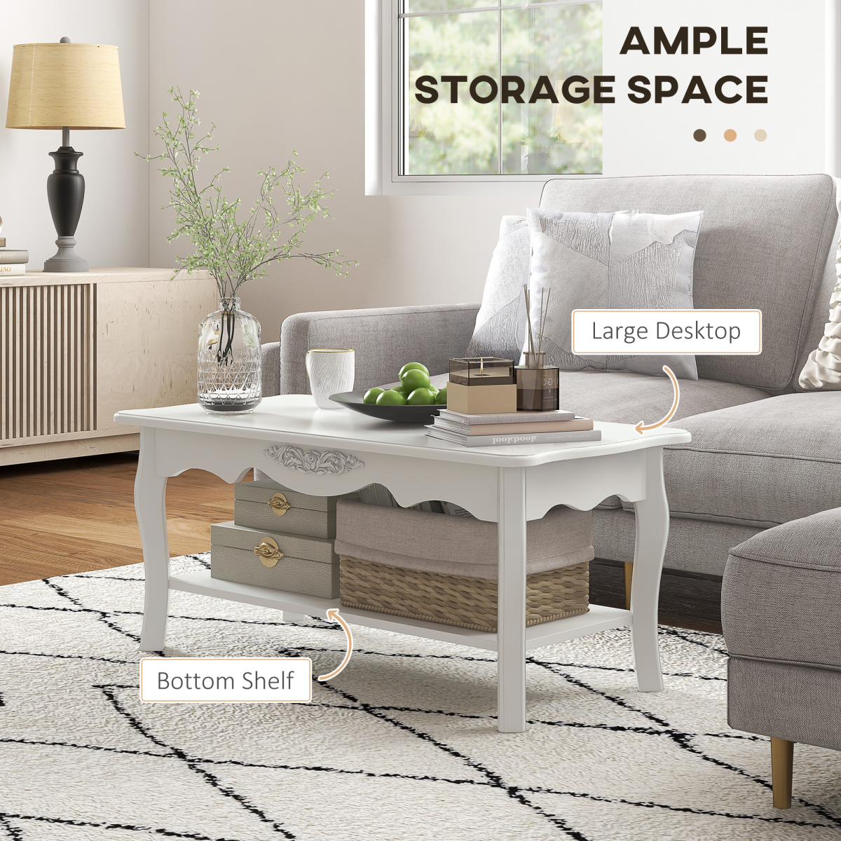 HOMCOM Modern Coffee Table with Magazine Shelf and Curved Legs – Lightweight Living Room Table, White