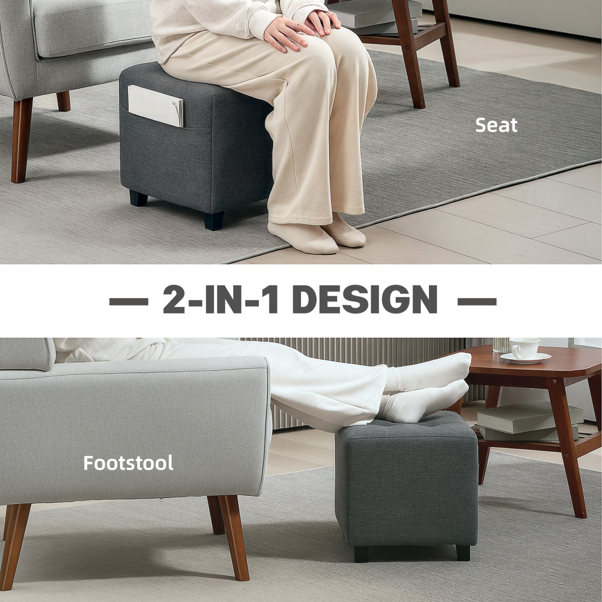 HOMCOM Small Square Footstool Ottoman with Padded Button-Tufted Seat and Side Pocket – Living Room, Grey