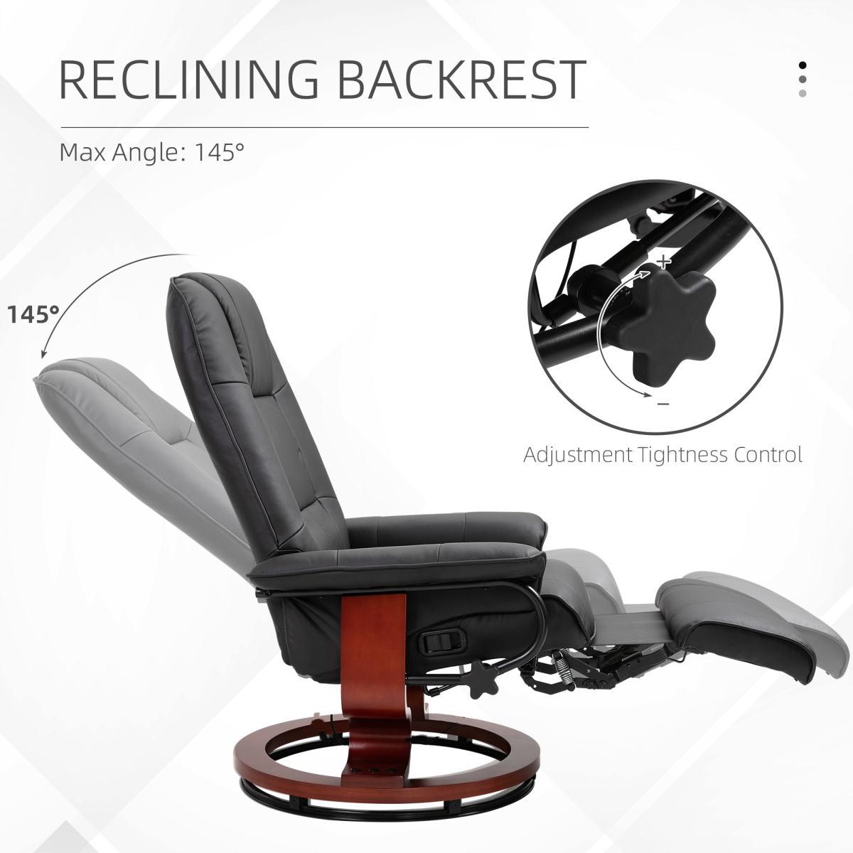 Close-up of the wooden base on the black PU leather recliner chair