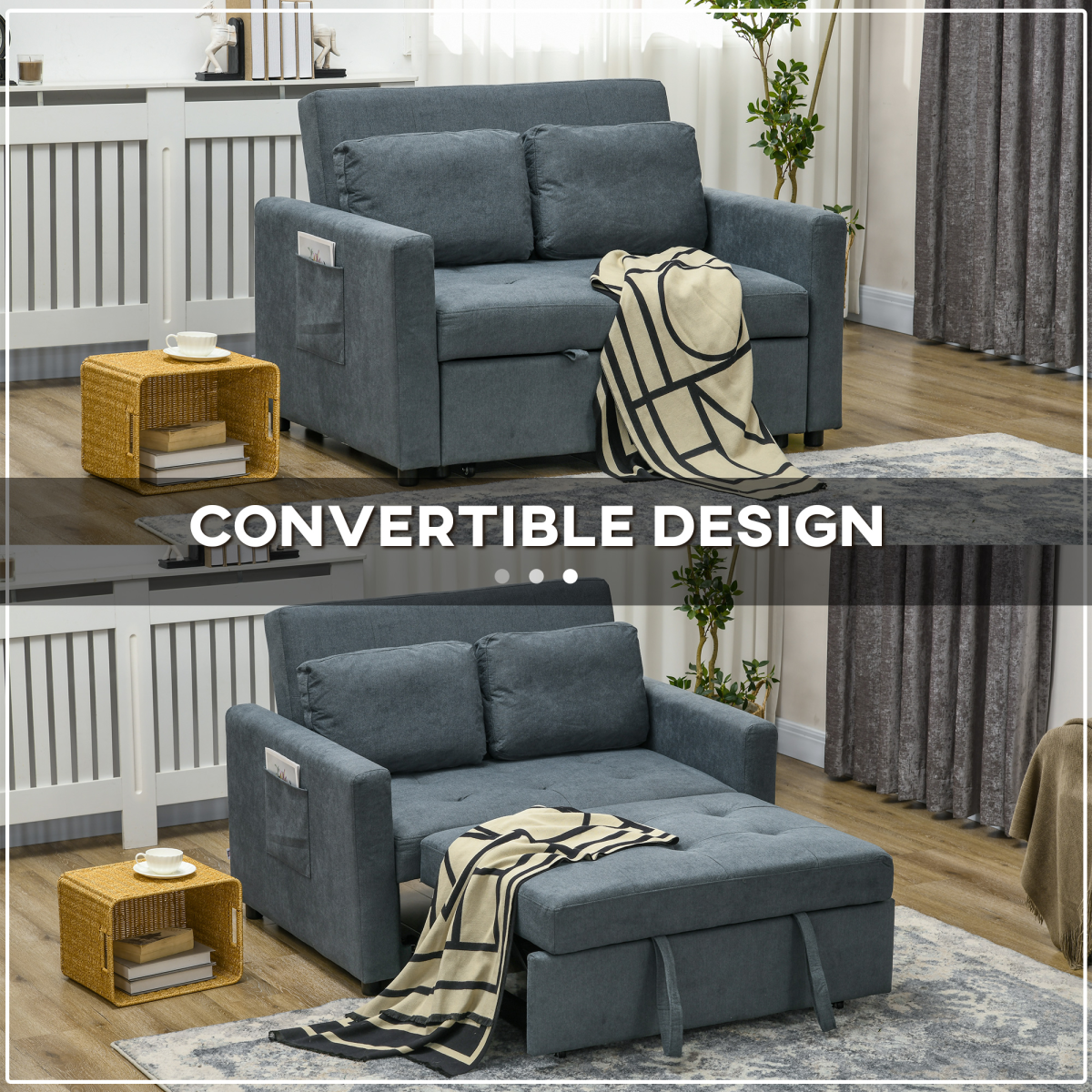 HOMCOM Click-Clack 2 Seater Sofa Bed with Cushions & Side Pockets – Space-Saving Guest Settee, Grey