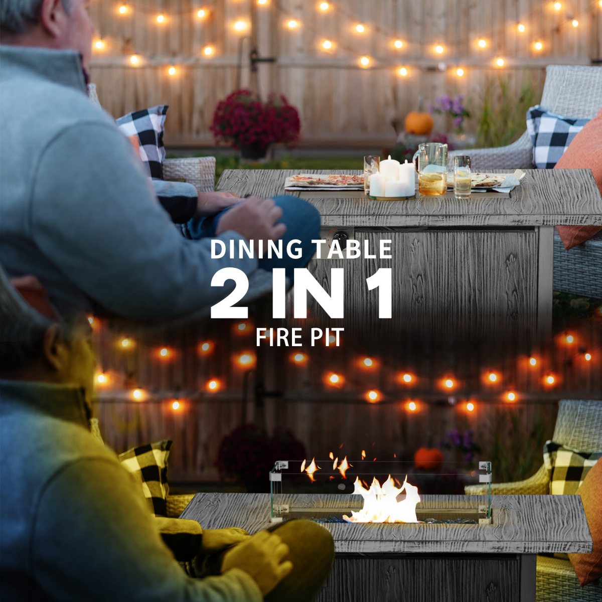 Outsunny 50,000 BTU Propane Gas Fire Pit Table with Waterproof Cover and Glass Screen, Wood-Effect Grey