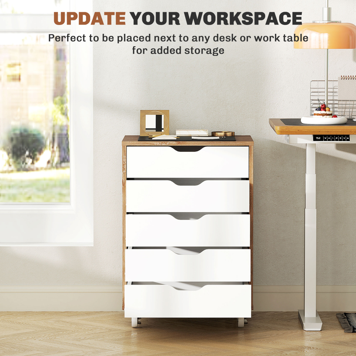 Vinsetto Mobile Filing Cabinet with 5 Drawers and Lockable Wheels – Home Office Storage Unit, Oak