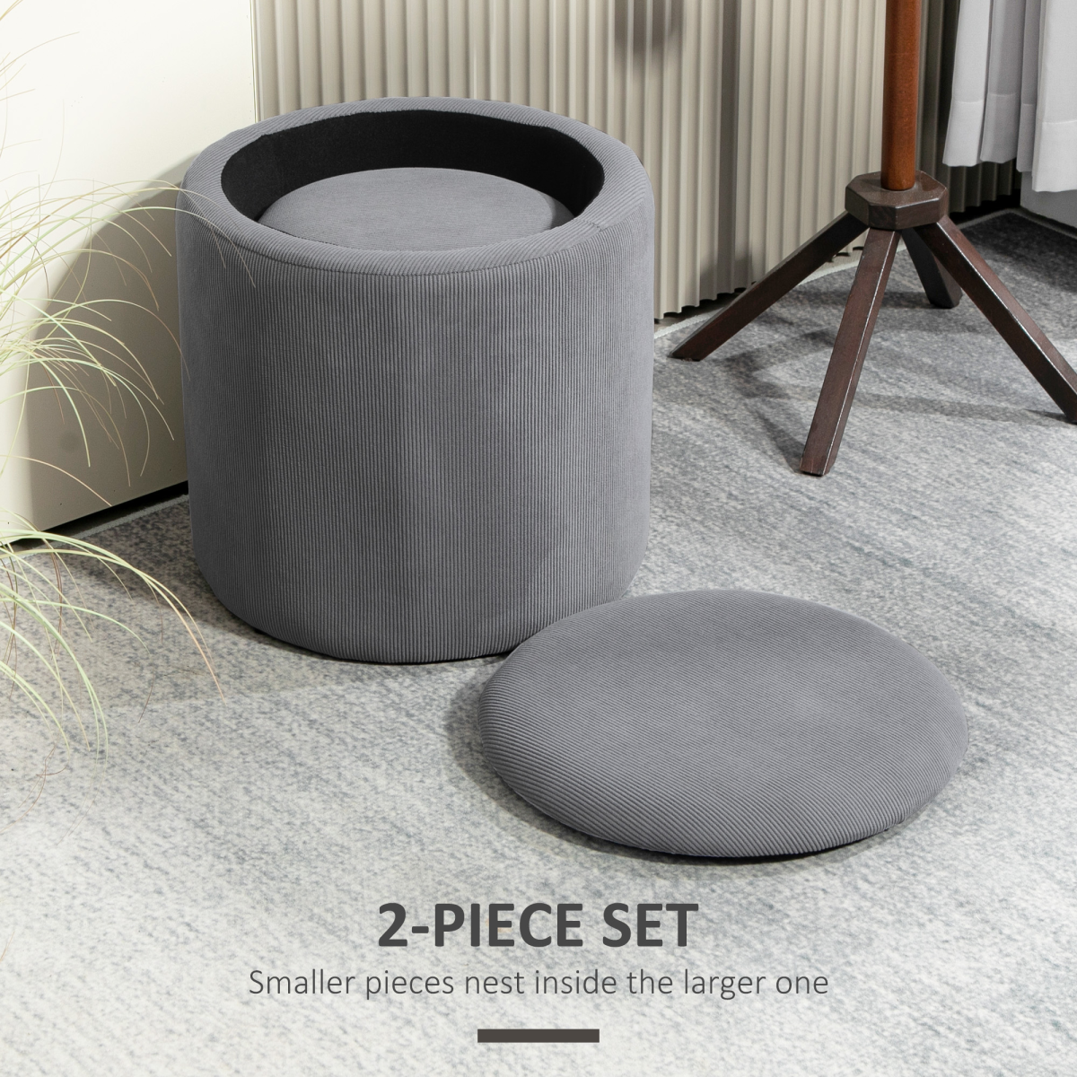 HOMCOM Fabric Storage Ottoman Set of 2 with Removable Lids – Nesting Footstools, Corduroy, Light Grey