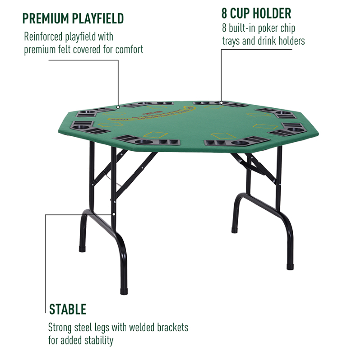 HOMCOM 8 Player Folding Poker Table with Chip Trays & Cup Holder – Green Felt Top Card Games Table, Steel Legs