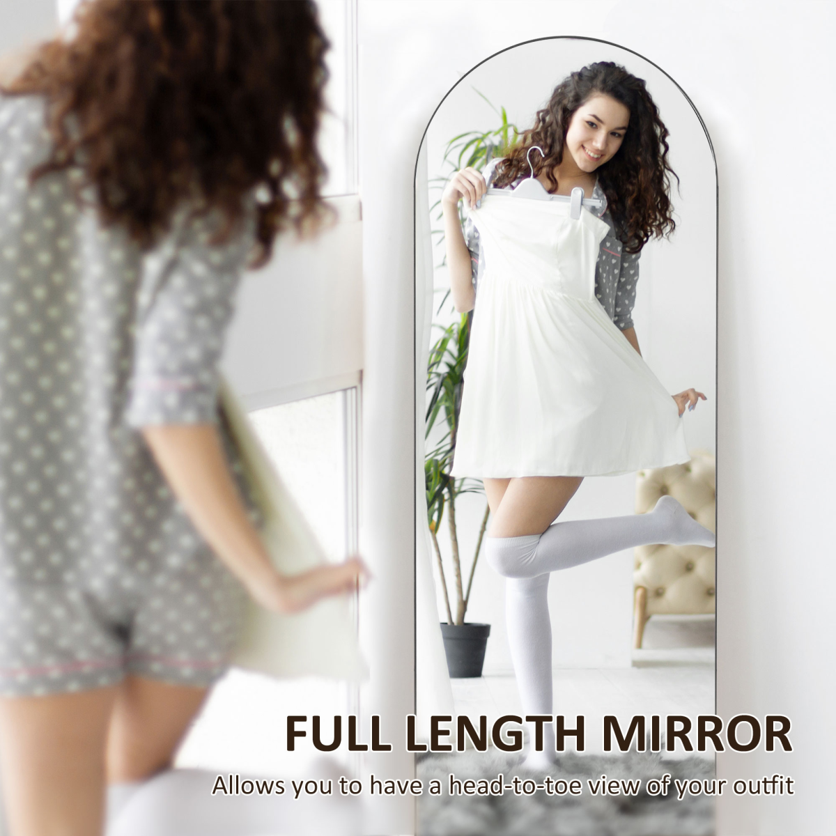 HOMCOM Full Length Curved Floor Mirror 150 x 50cm with Shatter-Proof Film – Wall Mount or Freestanding, Black
