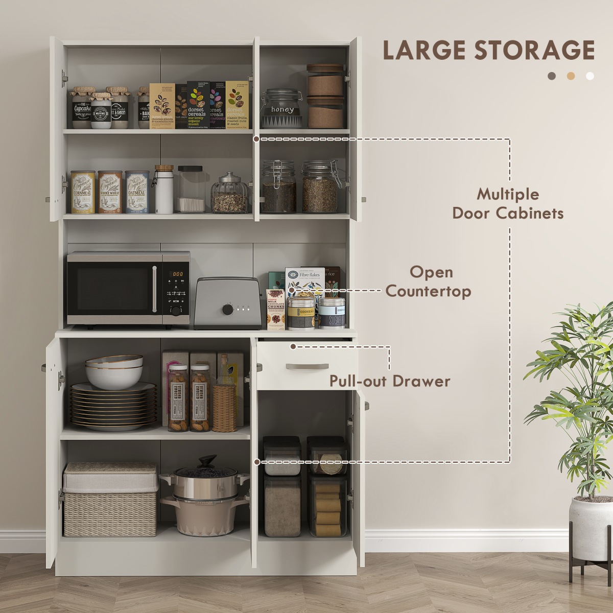HOMCOM Freestanding Kitchen Cupboard with Doors, Drawer & Open Shelf – Storage Cabinet, Cream White