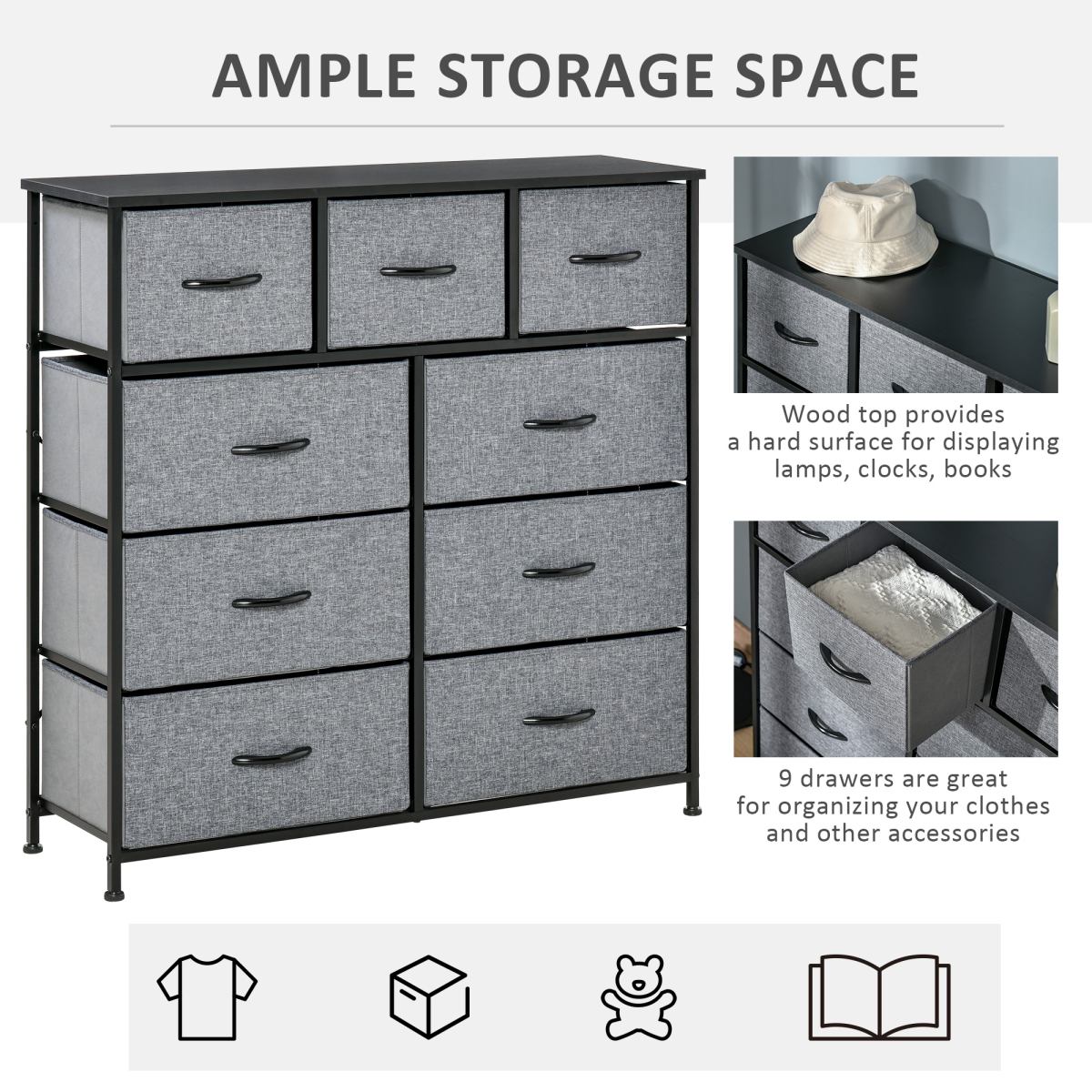 HOMCOM 9 Drawer Storage Chest with Foldable Fabric Bins – Lightweight Organiser for Bedrooms & Playrooms