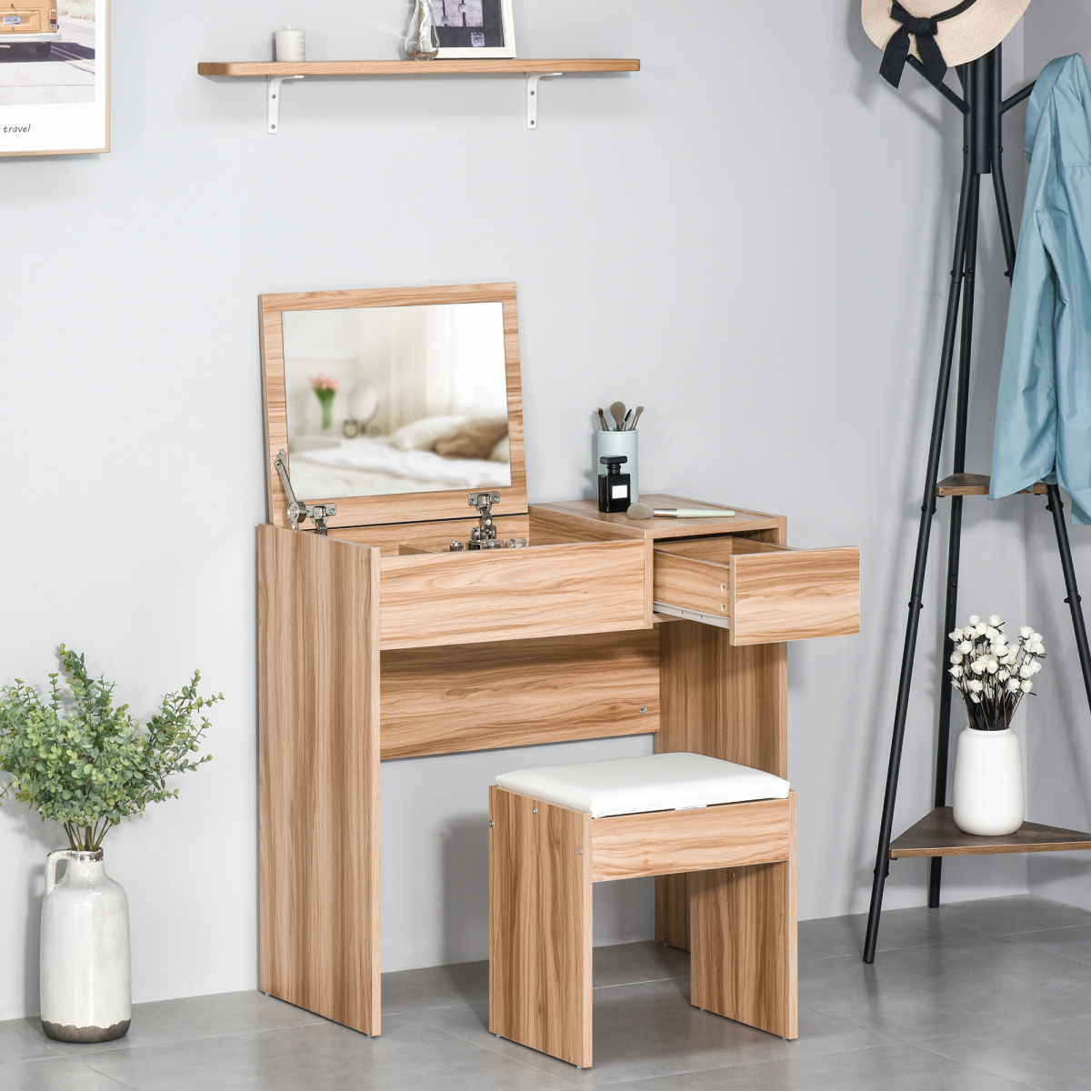 HOMCOM Flip-Top Mirror Dressing Table & Writing Desk with Padded Stool – Hidden Storage