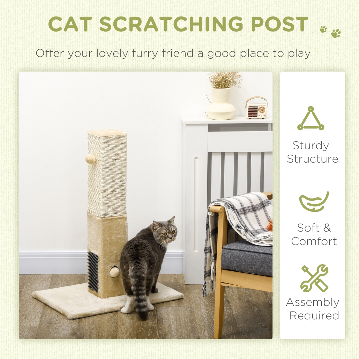 PawHut Cat Scratching Post Climber with Carpet Base, Hanging Toy & Jute Rope – Beige