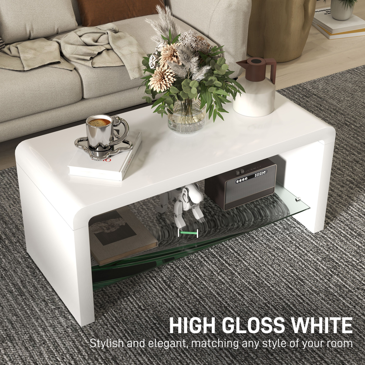 HOMCOM High Gloss Coffee Table with Lower Glass Shelf – Curved Two-Tier Living Room Table, White