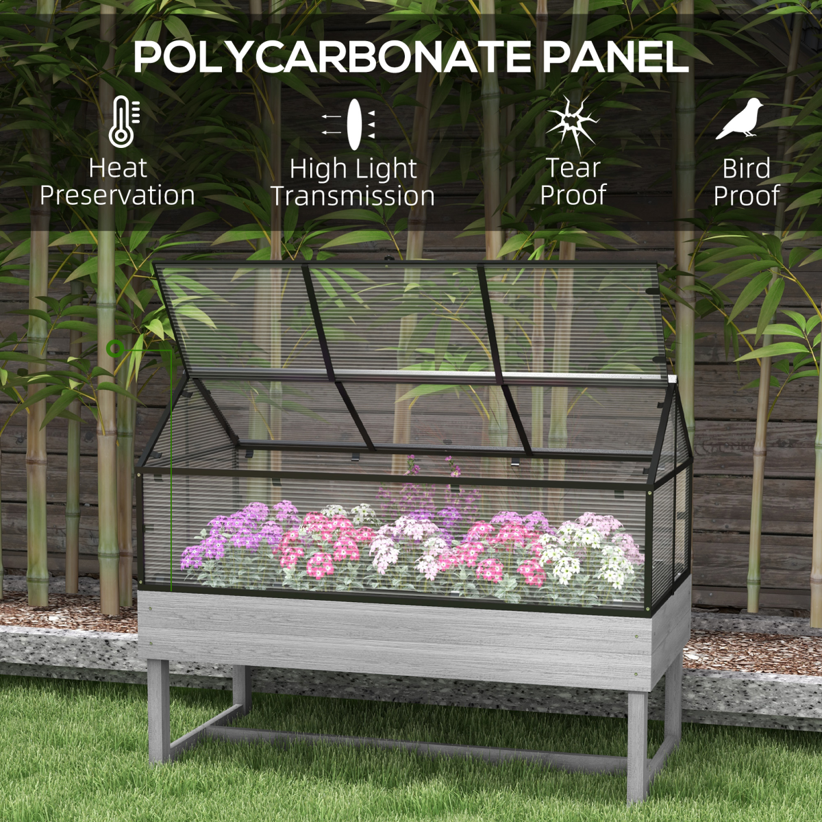 Outsunny Raised Garden Bed with Polycarbonate Greenhouse Cover & Two Flip-Up Vents – Steel & Fir Wood, Grey