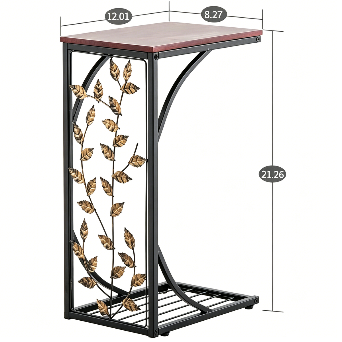 Leaf Pattern Iron Side Table with MDF Top – Compact Coffee & End Table for Small Spaces, Brown & Gold