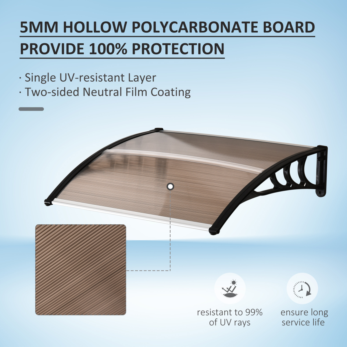 Outsunny Curved Polycarbonate Door Awning with Black Bracket – Rain and UV Protection, Brown