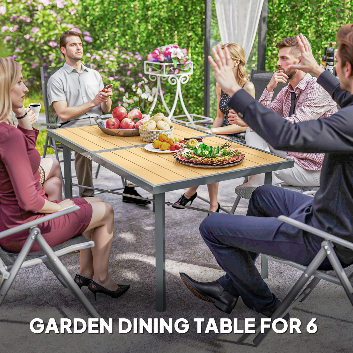 Outsunny Garden Table for 6 with Wood-Effect Galvanised Steel Top & 5cm Umbrella Hole – Outdoor Dining, Grey
