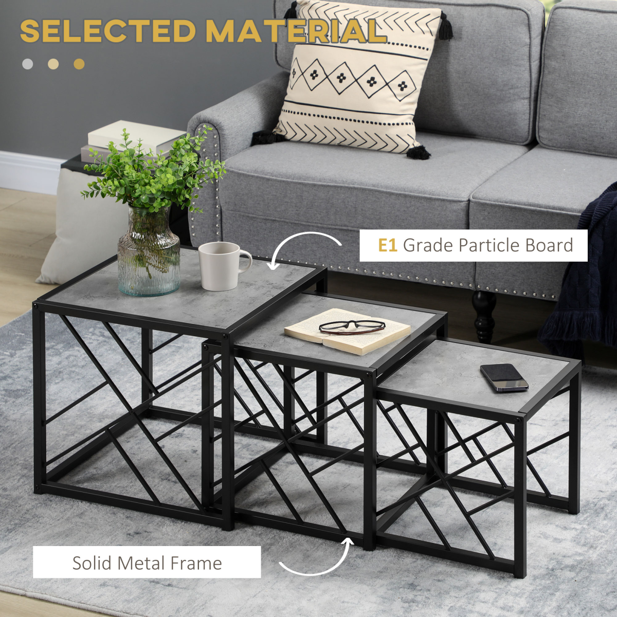 HOMCOM Set of 3 Square Nesting Coffee Tables with Metal Frame – Space-Saving Side Tables, Grey