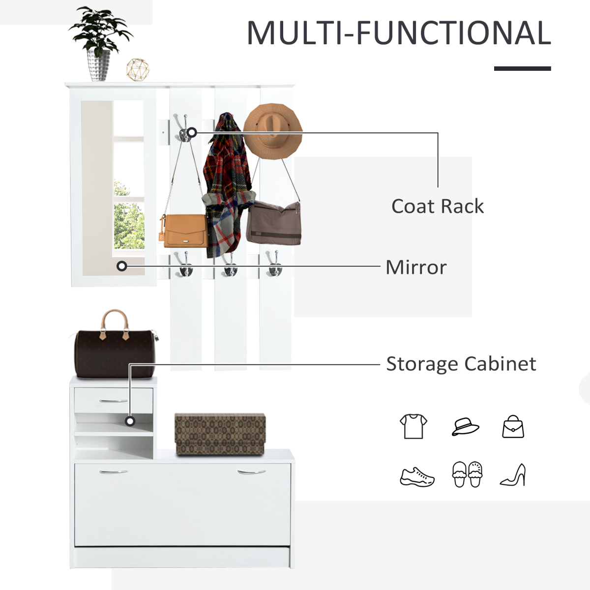 HOMCOM 3-in-1 Entryway Organiser with Mirror, Hooks & Shoe Storage Drawers – Hallway Unit