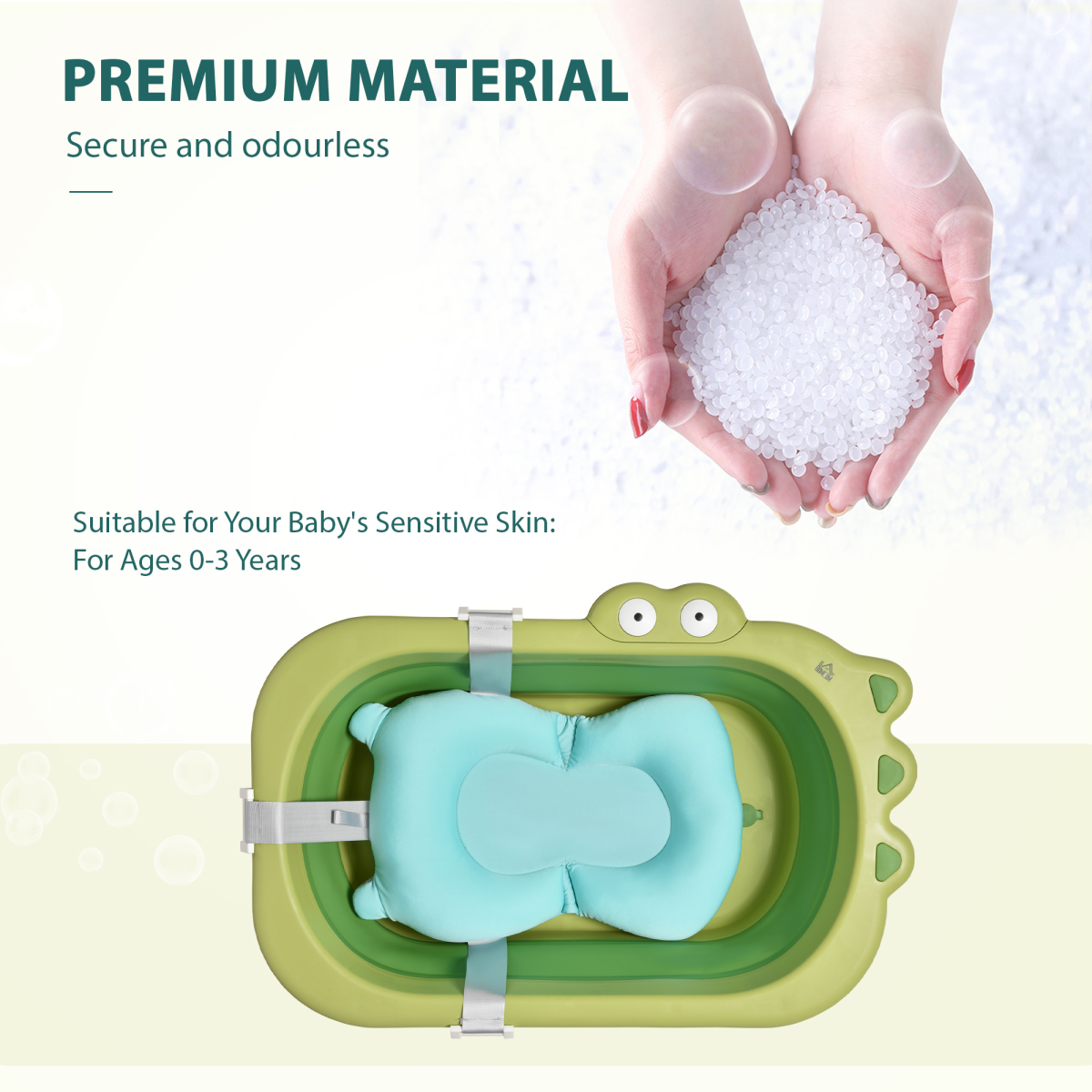 HOMCOM Foldable Baby Bath Tub with Cushion – Crocodile Design Toddler Bath for 0-3 Years, Green