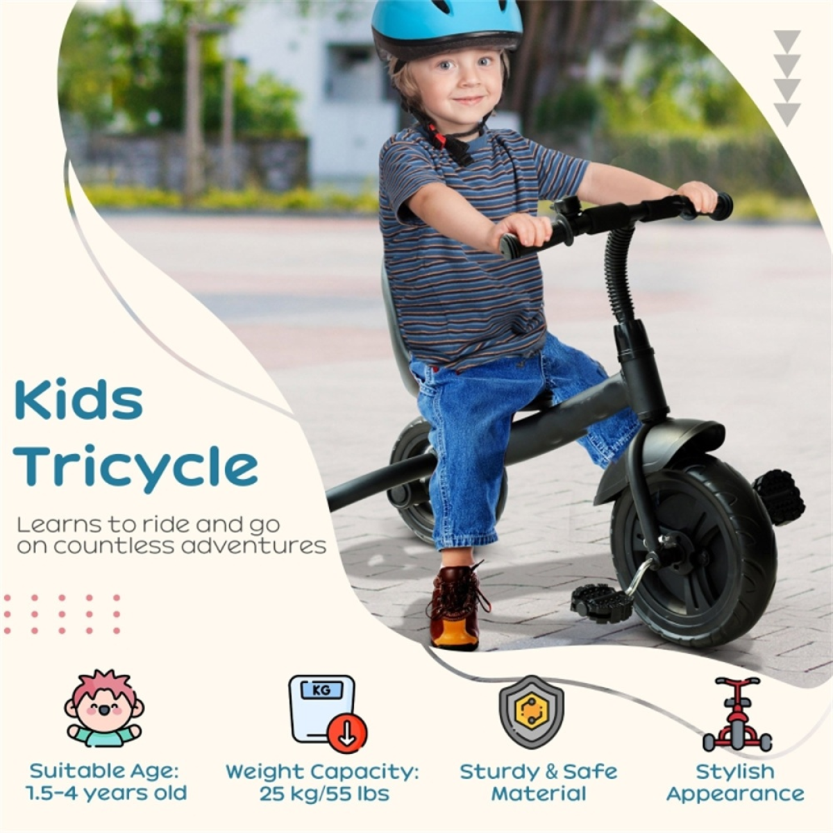 Kids Tricycle with Adjustable 2-Position Seat, Removable Front Wheel & Bell – Toddler Trike for Ages 2–5, Pink