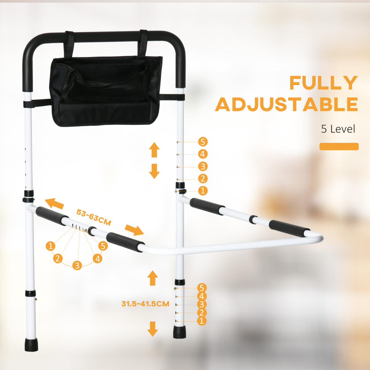 Adjustable Bed Assist Rail Grab Bar with Side Pocket & Foam Grip – Safety Handle for Flat-Frame Beds, White