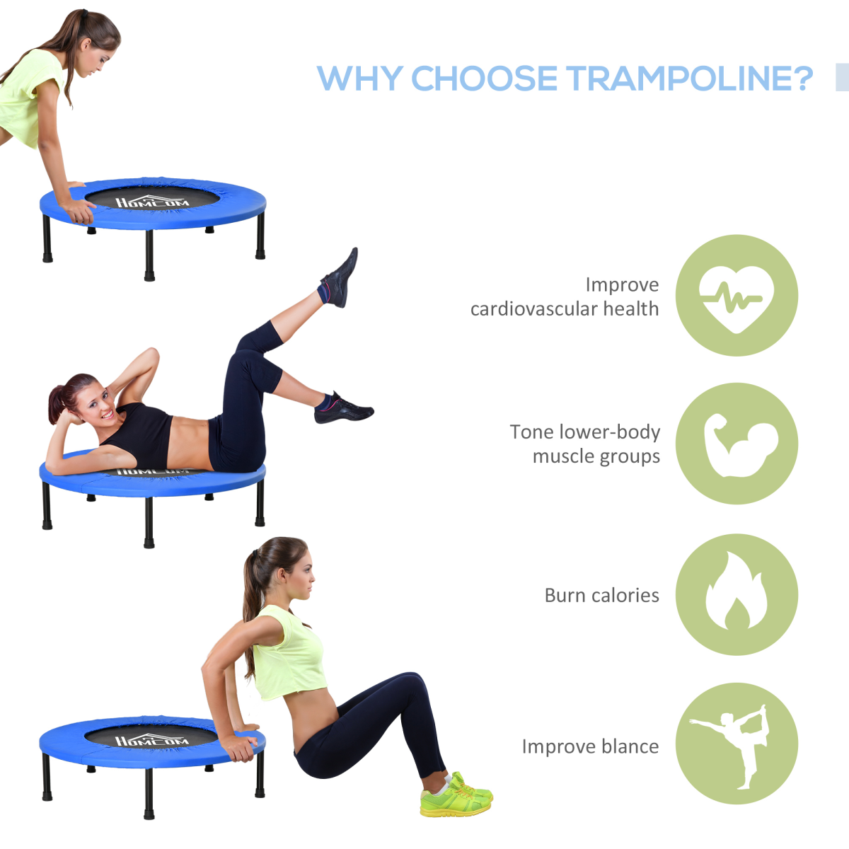 HOMCOM Φ81cm Folding Fitness Trampoline with Padded Edge, 100kg Max Load – Home Cardio Rebounder, Blue and Black