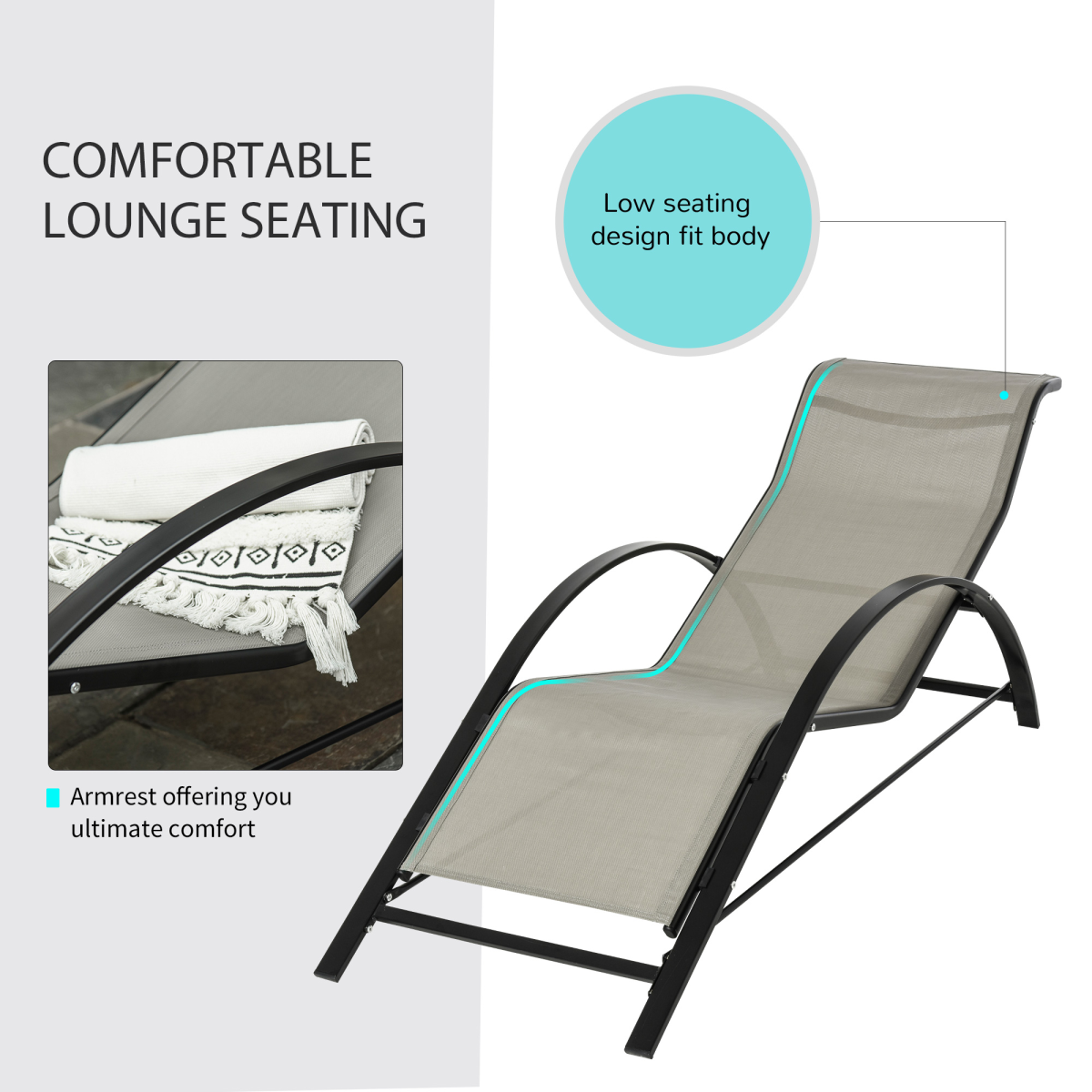 Outsunny 3-Piece Lounge Chair Set with Glass Table and Mesh Seats – Reclining Garden Sunbathing Chairs, Grey
