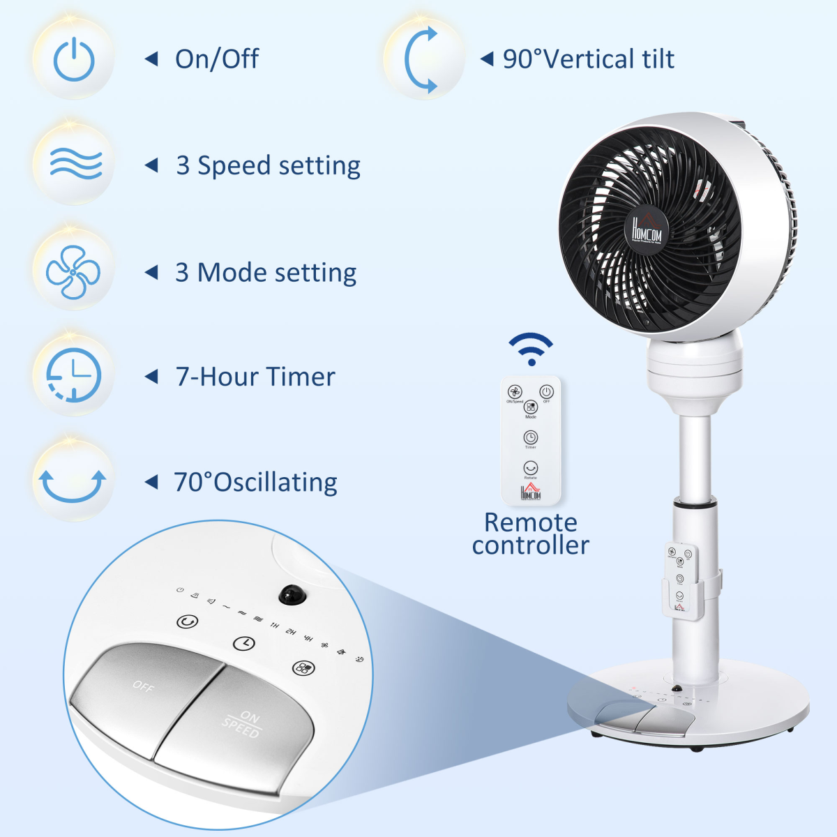 HOMCOM Air Circulator Fan with 3 Speeds, 3 Modes, Oscillation & Tilt – Height Adjustable, Black/White