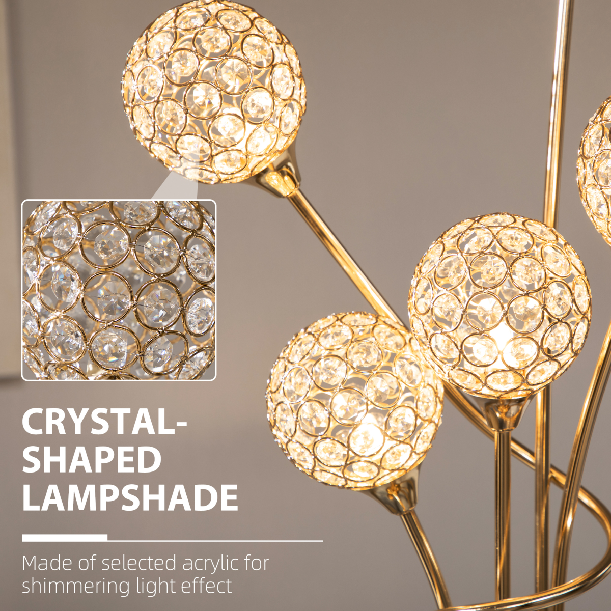 HOMCOM K9 Crystal 5-Light Upright Floor Lamp with Bead-Filled Shades – Glamorous Statement Lighting, Gold