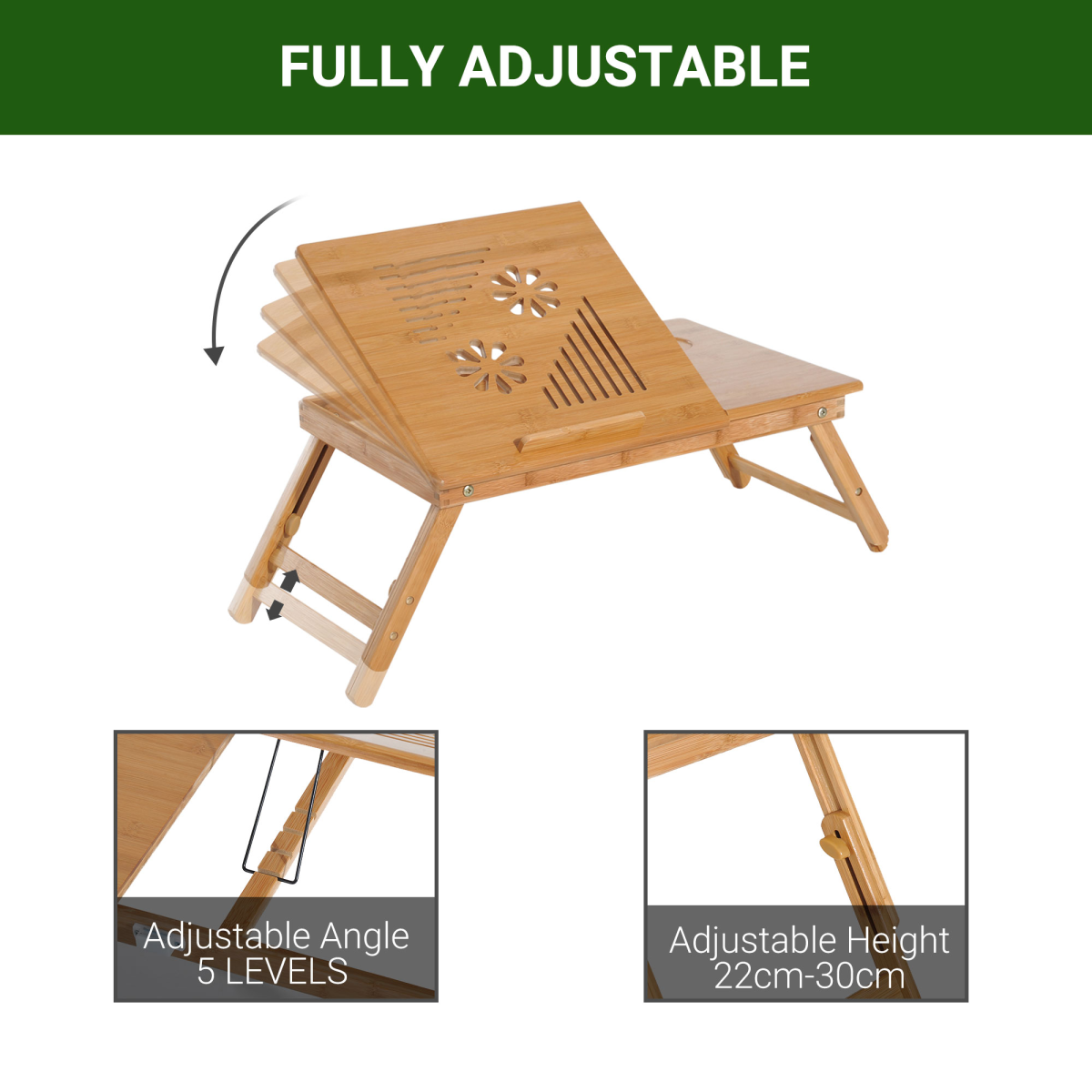 HOMCOM Portable Bamboo Laptop Desk with Adjustable Height, Tablet Holder, Drawer & Cup Slot – Bed Tray
